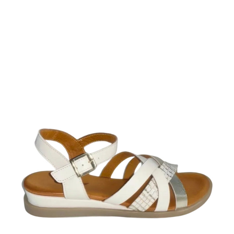 GIA cream and gold leather ankle strap sandal, right-facing studio side view