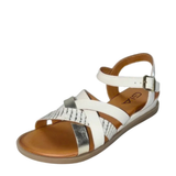 GIA cream and gold leather ankle strap sandal, three-quarter studio view