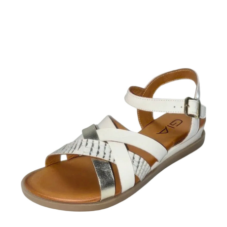 GIA cream and gold leather ankle strap sandal, three-quarter studio view