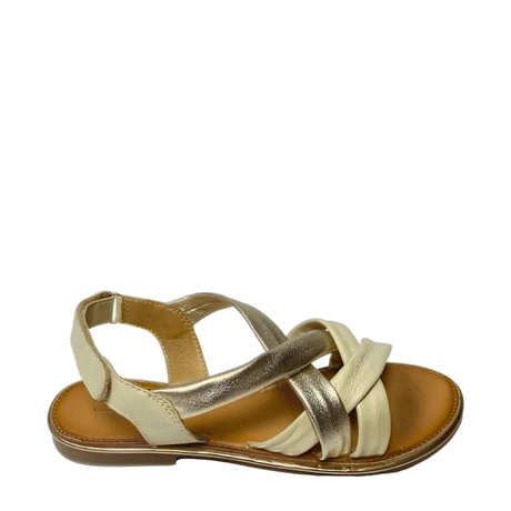 GIA leather criss cross sandal in off white and gold, right-facing studio side view