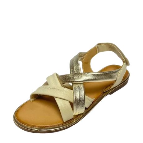 GIA leather criss cross sandal in off white and gold, three-quarter studio view