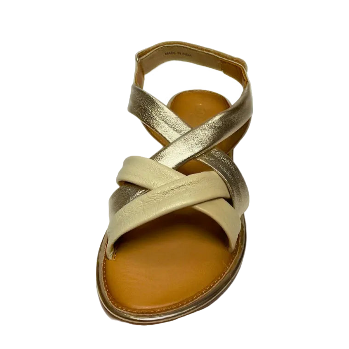 GIA leather criss cross sandal in off white and gold, front studio view