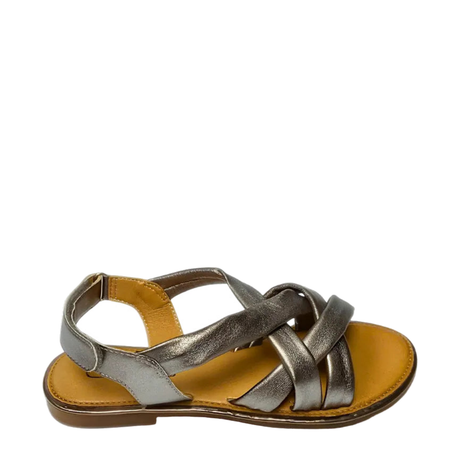 GIA leather criss cross sandal in pewter, right-facing studio side view