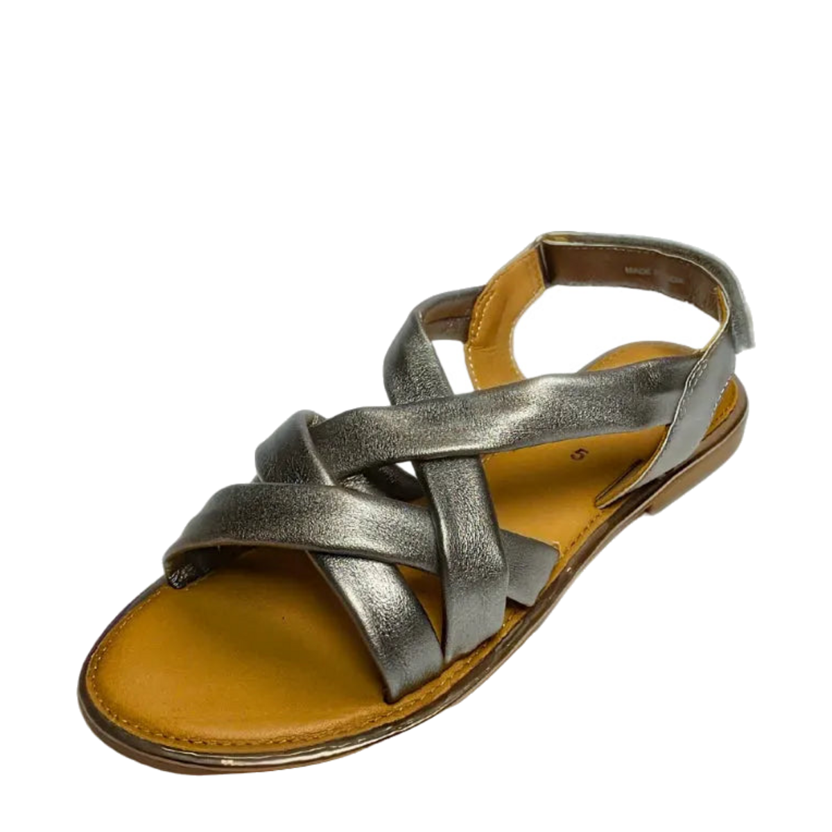 GIA leather criss cross sandal in pewter, three-quarter studio view