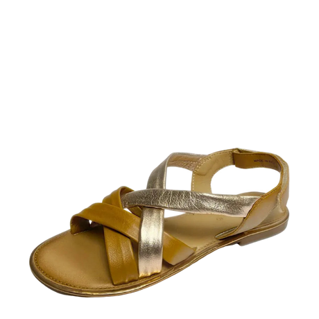 GIA leather criss cross sandal in rose and tan, three-quarter studio view