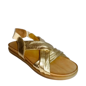Gia gold leather cross over slingback sandal, right-facing three-quarter view
