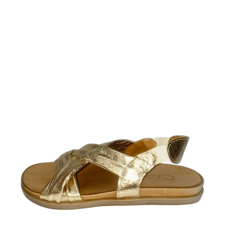 Gia gold leather cross over slingback sandal, side view