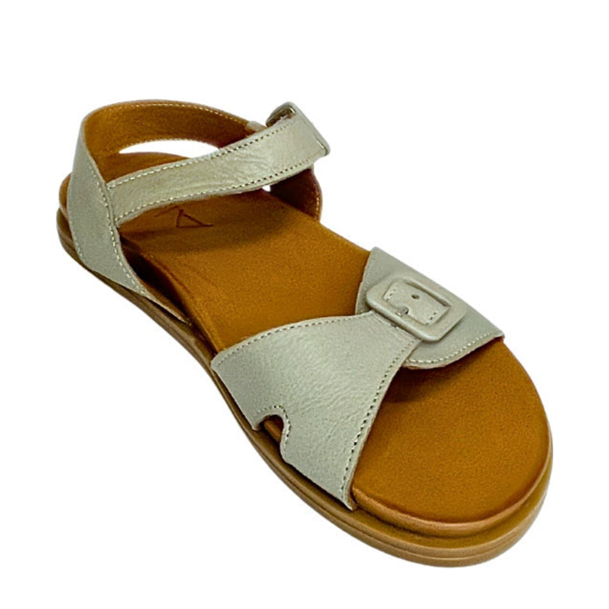 Gia grey leather double buckle sandal, three-quarter view