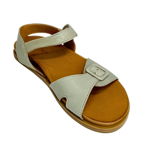 Gia grey leather double buckle sandal, three-quarter view