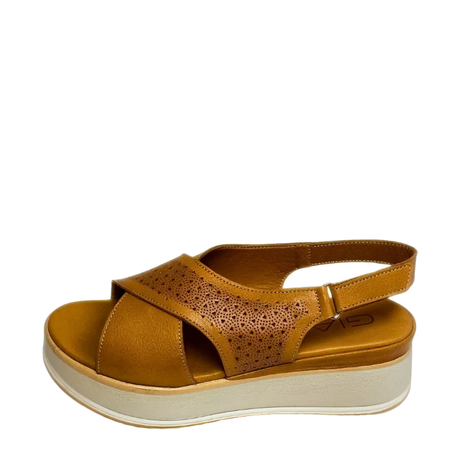 GIA laser cut platform sandal in coconut, studio side view with original logo