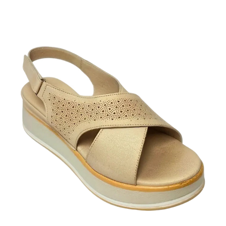 GIA laser cut platform sandal in grey, right-facing studio side view