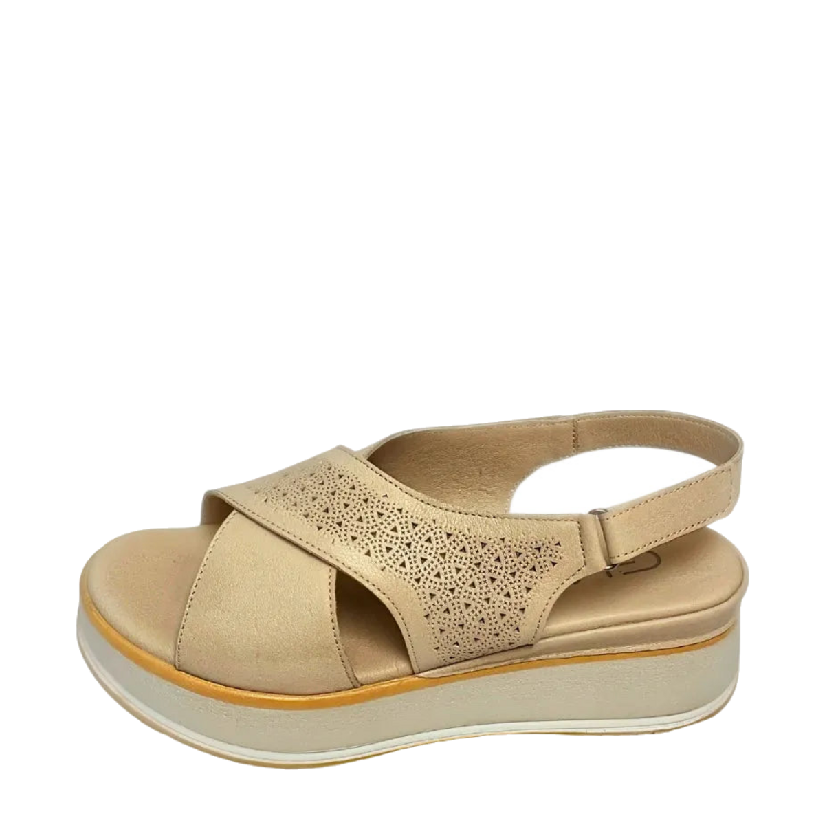 GIA laser cut platform sandal in grey, studio side view with original logo