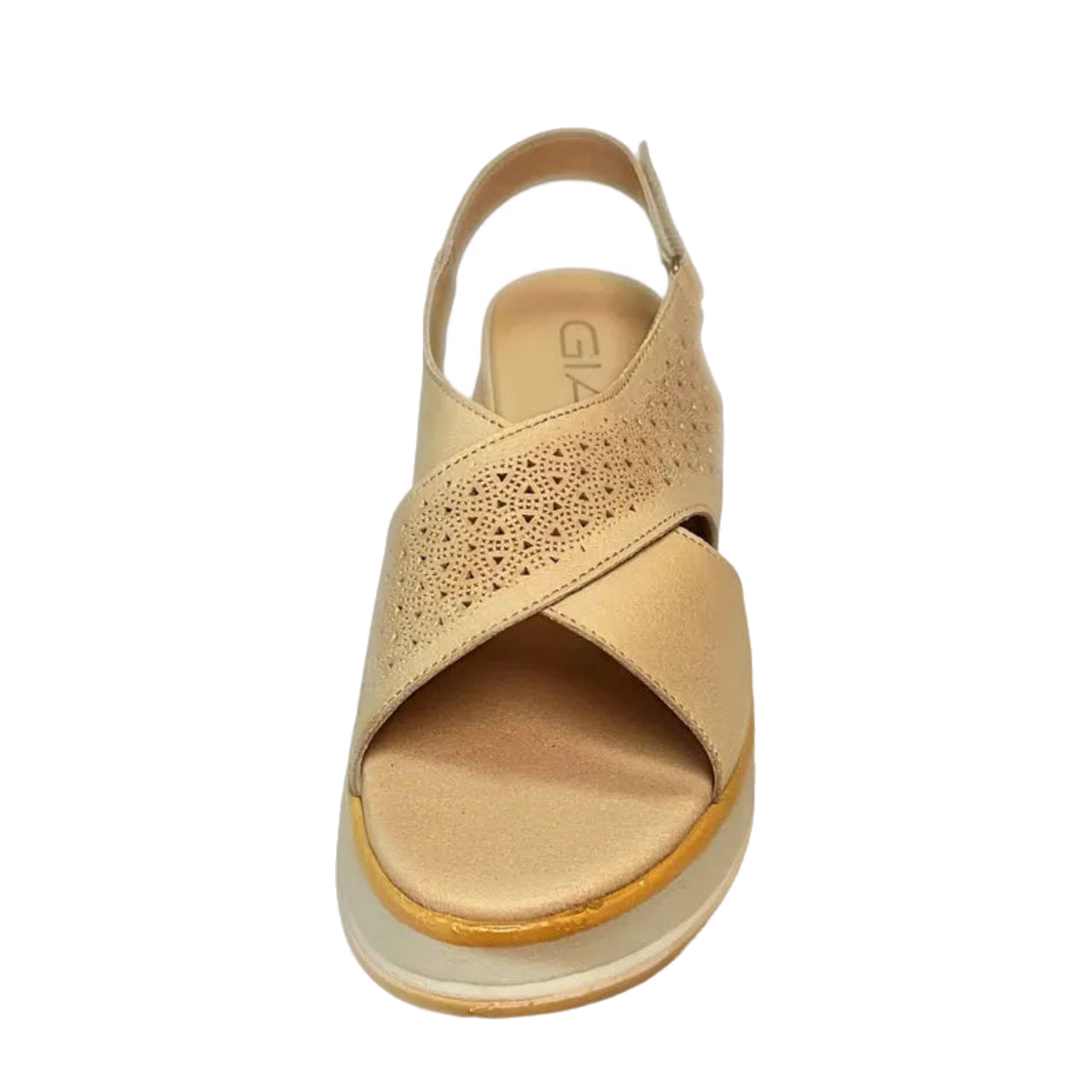 GIA laser cut platform sandal in grey, front studio view