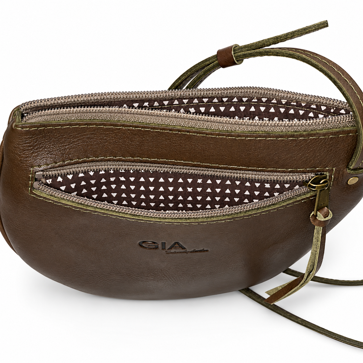 Gia Half-Moon Leather Crossbody Bag - Olive - detail view