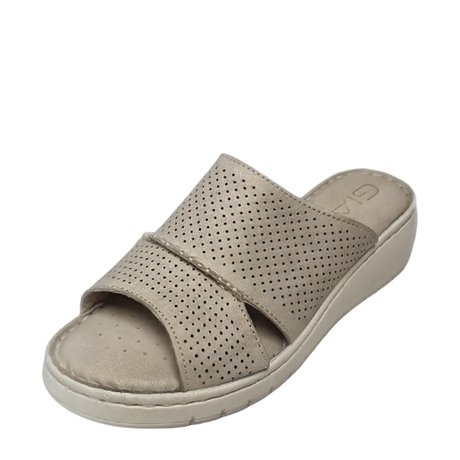 GIA perforated flatform sandal in stone, three-quarter studio view