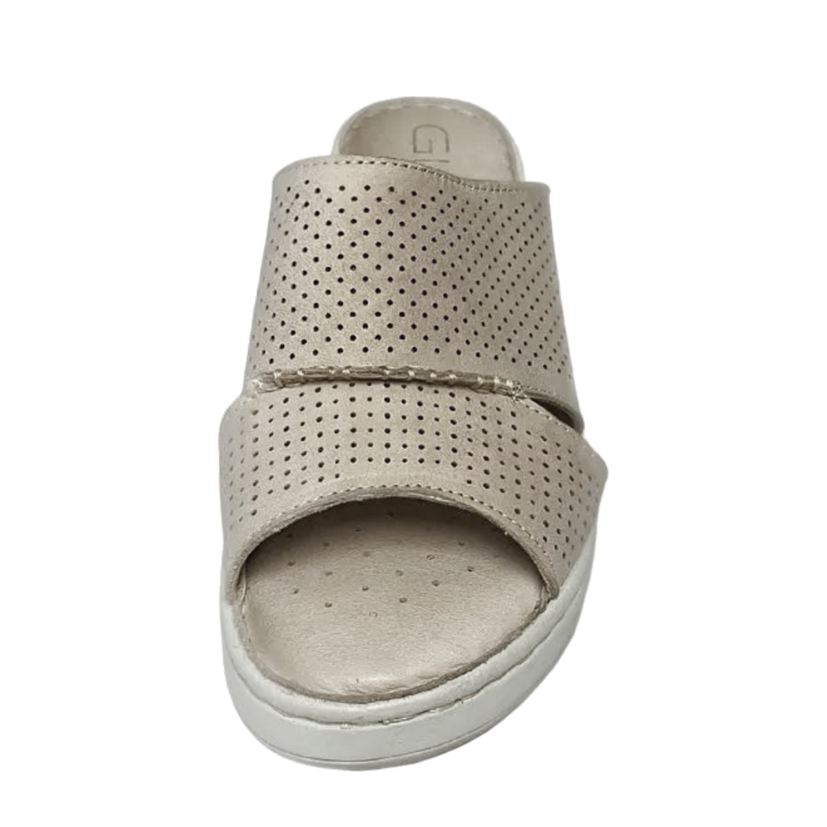 GIA perforated flatform sandal in stone, front studio view