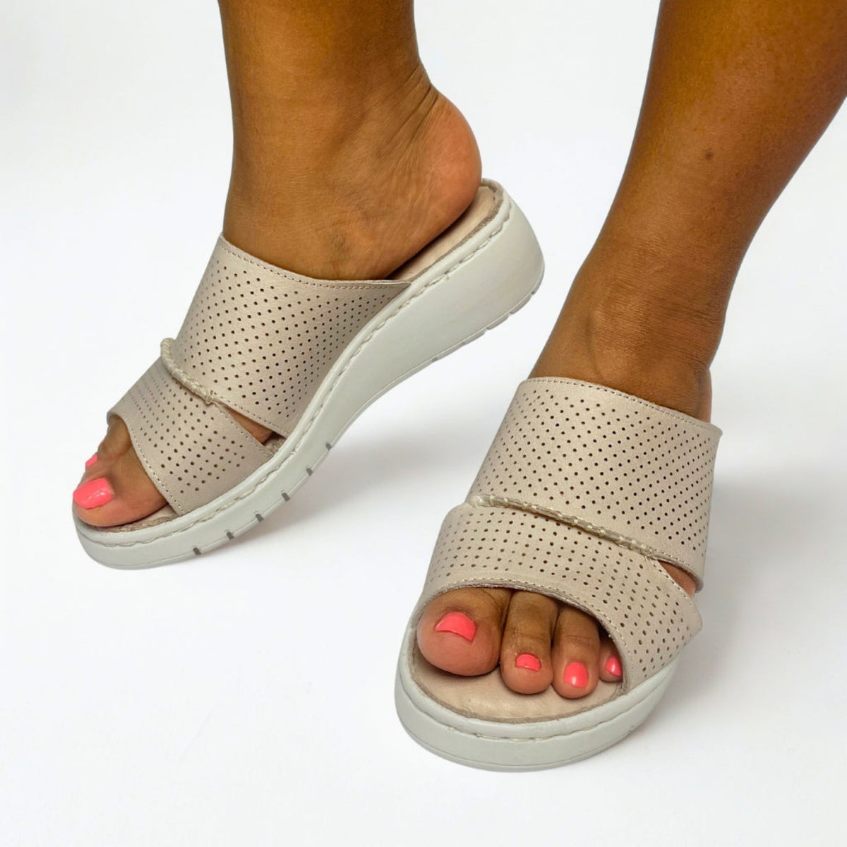 GIA perforated flatform sandals in stone worn on model