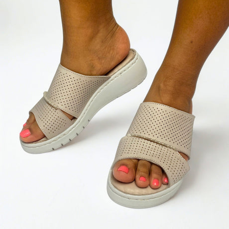 GIA perforated flatform sandals in stone worn on model