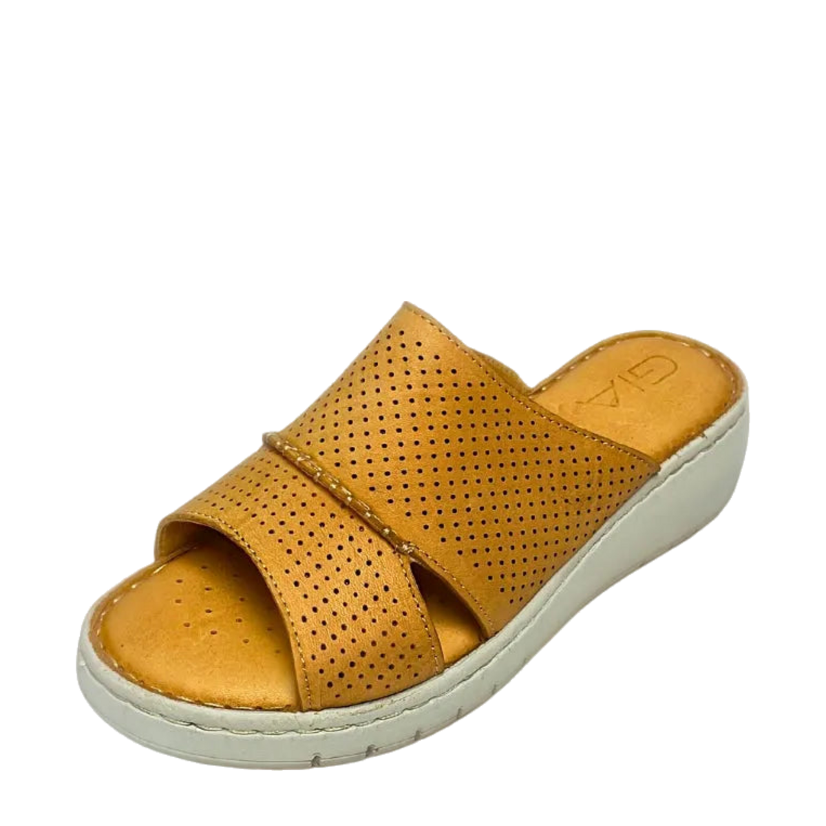 GIA perforated flatform sandal in tan, three-quarter studio view