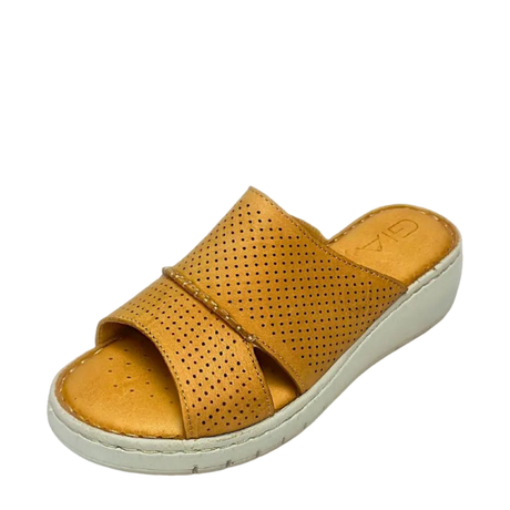 GIA perforated flatform sandal in tan, three-quarter studio view