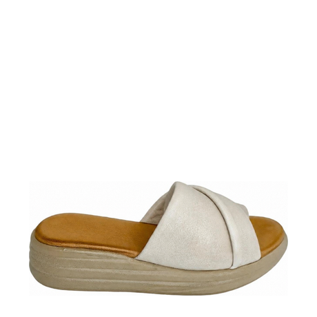 GIA silver grey leather platform slide, right-facing studio side view