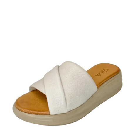GIA silver grey leather platform slide, three-quarter studio view