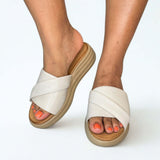 GIA silver grey leather platform slides worn on model