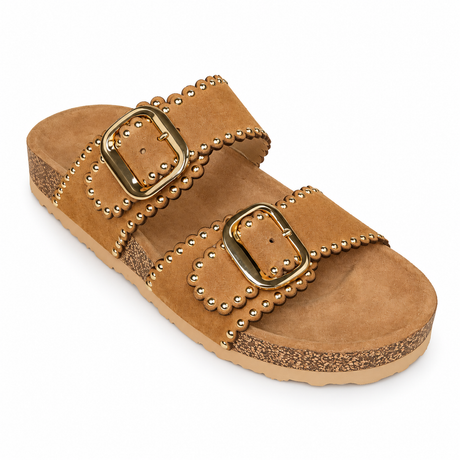 Gia Studded Suede Double Buckle Sandal - Beige, three-quarter view