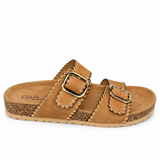 Gia Studded Suede Double Buckle Sandal - Beige, side view