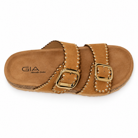 Gia Studded Suede Double Buckle Sandal - Beige, overhead view