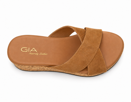 Gia Suede Crossover Wedge Sandal - Beige, overhead view