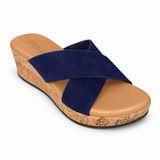 Gia Suede Crossover Wedge Sandal - Navy, three-quarter view
