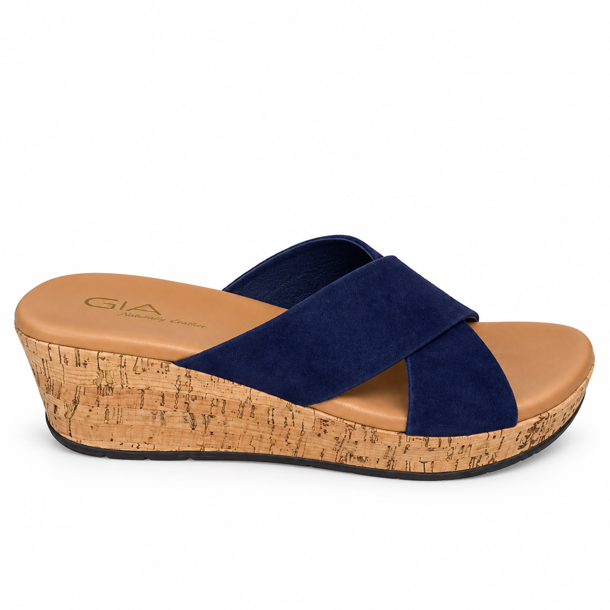 Gia Suede Crossover Wedge Sandal - Navy, side view