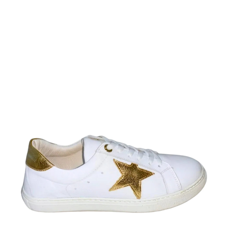 Gia white leather sneaker with gold star, right-facing side view
