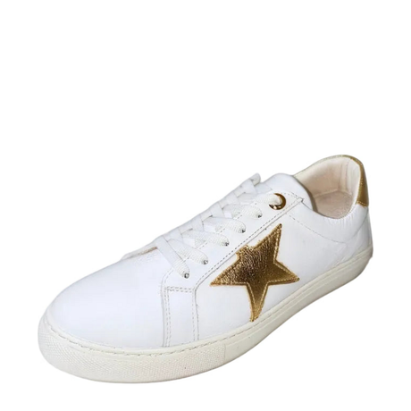 Gia white leather sneaker with gold star, three-quarter view
