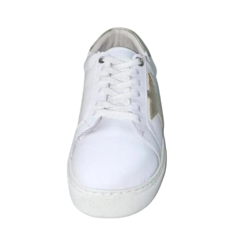 Gia white leather sneaker with gold star, front view