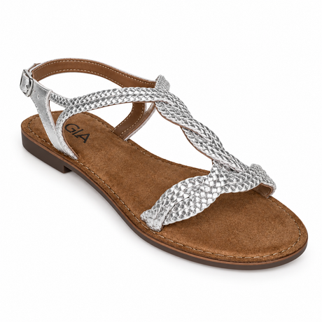 Gia Woven Leather Slingback Sandal - Silver, three-quarter view