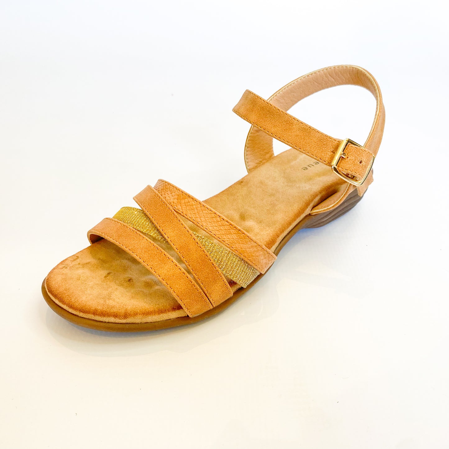 Queue tan and gold strappy sandal