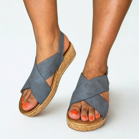 Queue Cross Over Cork Wedge - Blue - on-foot view