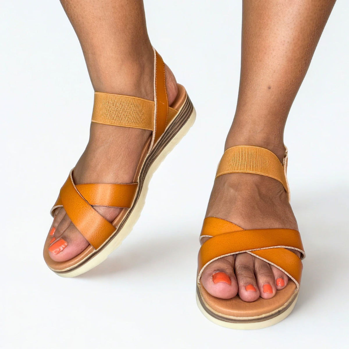 Queue Cross Over Elasticated Strap Sandal - Camel - on-foot view