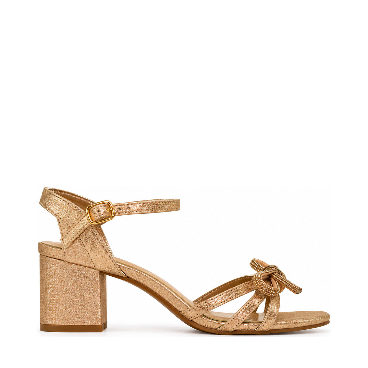 Orbit Bow Block Heel Sandal - Gold, right-facing side profile
