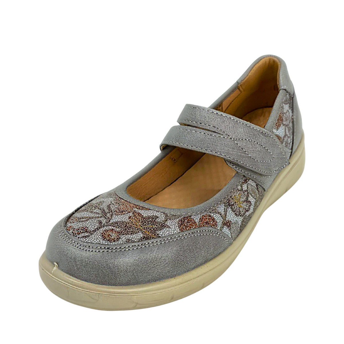 Cushion Walk Floral Comfort Strap Flats - Grey - angled view