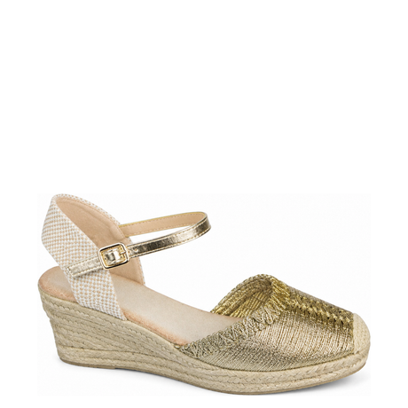 Queue Metallic Espadrille Wedge - Gold, right-facing studio side view