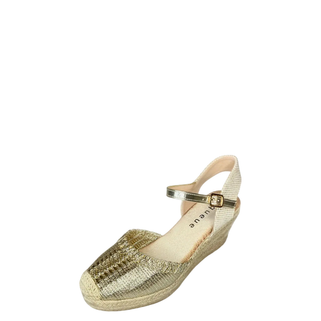 Queue Metallic Espadrille Wedge - Gold, three-quarter studio view