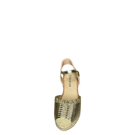 Queue Metallic Espadrille Wedge - Gold, front studio view