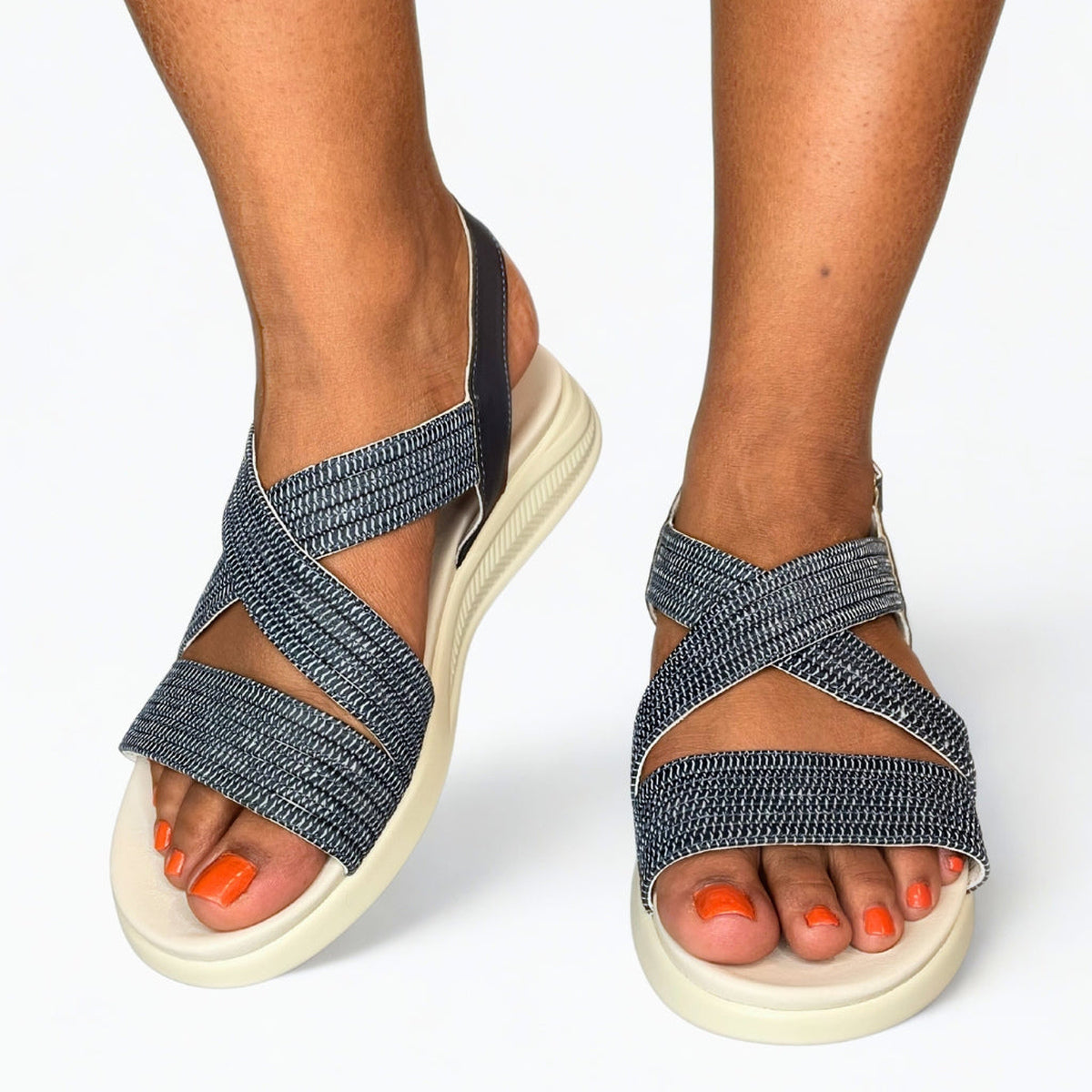 Queue Cross Over Velcro Strap Sandal - Navy - on-foot view