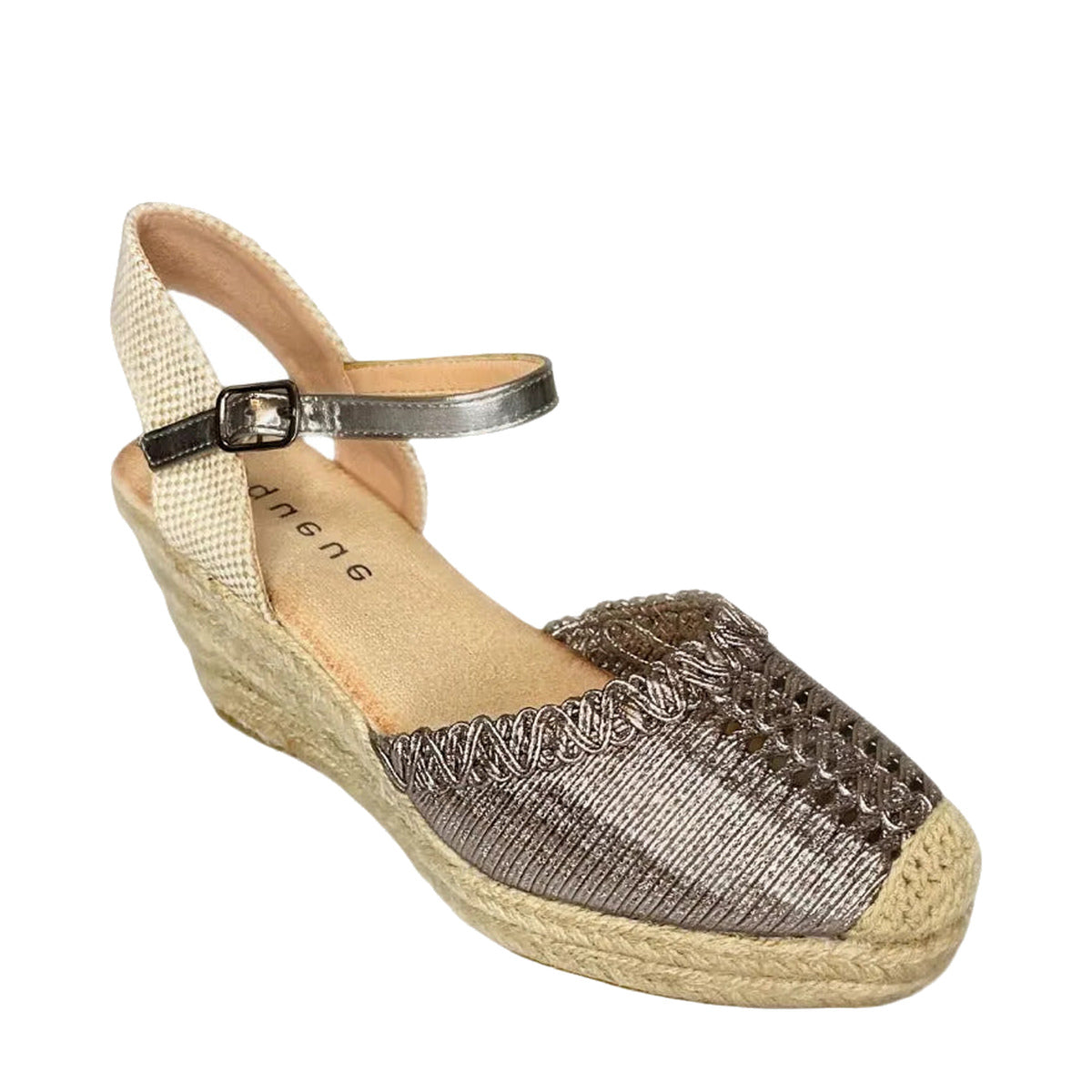 Queue Metallic Espadrille Wedge - Pewter - right-facing angled view