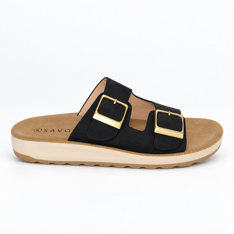 Savoy Double Buckle Slide Sandal - Black, side view