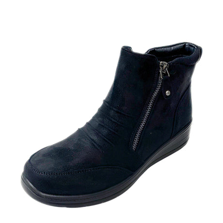 Savoy Wedge Ankle Boot with Zip Detail - Black, three-quarter view