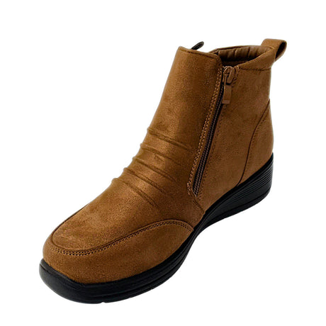 Savoy Wedge Ankle Boot with Zip Detail - Brown, three-quarter view